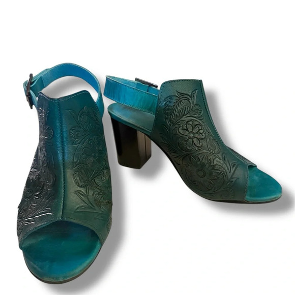ROPER women’s turquoise leather Mika peep toe heels size 6 1/2 Western - Picture 2 of 12